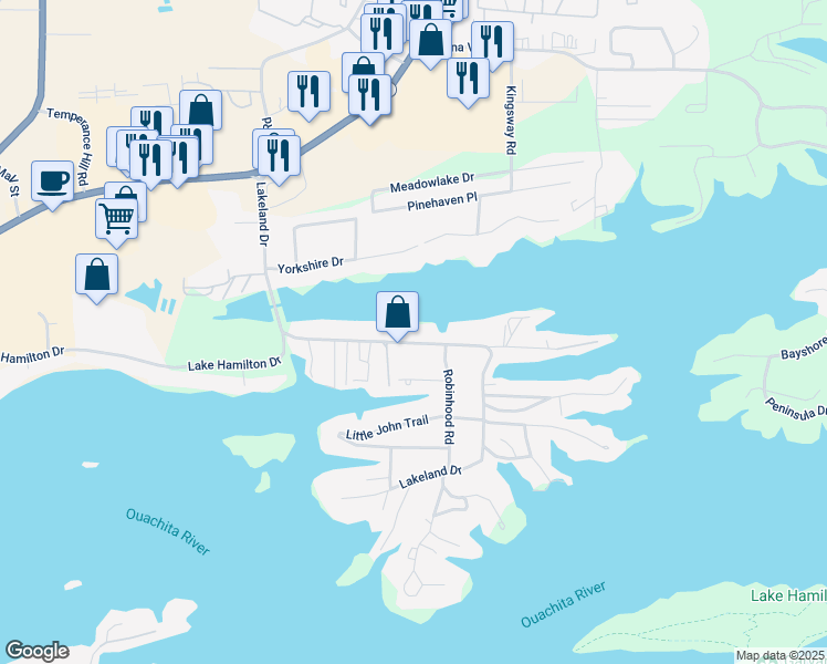 map of restaurants, bars, coffee shops, grocery stores, and more near 419 Lakeland Drive in Hot Springs