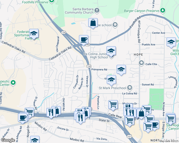 map of restaurants, bars, coffee shops, grocery stores, and more near 2550 California 154 in Santa Barbara