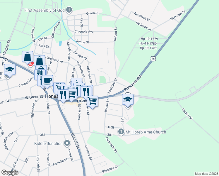 map of restaurants, bars, coffee shops, grocery stores, and more near 709 Laurel Street in Honea Path