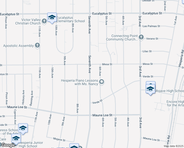 map of restaurants, bars, coffee shops, grocery stores, and more near 10835 Seventh Avenue in Hesperia