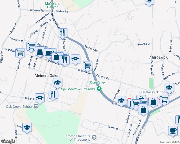 map of restaurants, bars, coffee shops, grocery stores, and more near 1725 Maricopa Highway in Ojai