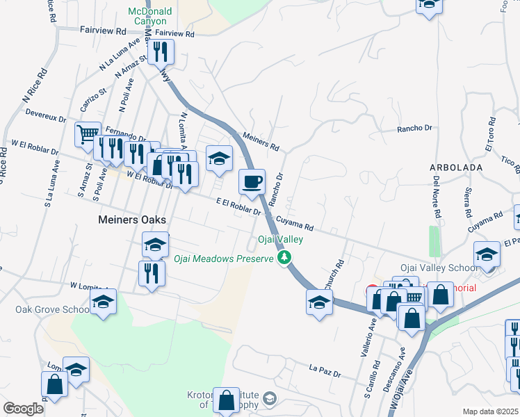 map of restaurants, bars, coffee shops, grocery stores, and more near 1725 Maricopa Highway in Ojai