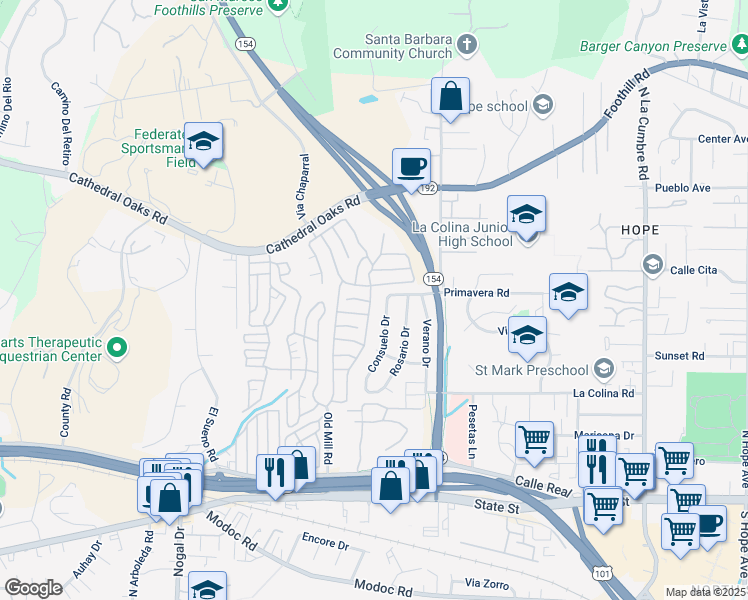 map of restaurants, bars, coffee shops, grocery stores, and more near 340 Old Mill Road in Santa Barbara