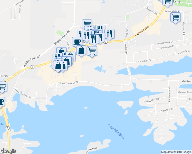 map of restaurants, bars, coffee shops, grocery stores, and more near 431 Lake Hamilton Drive in Garland County