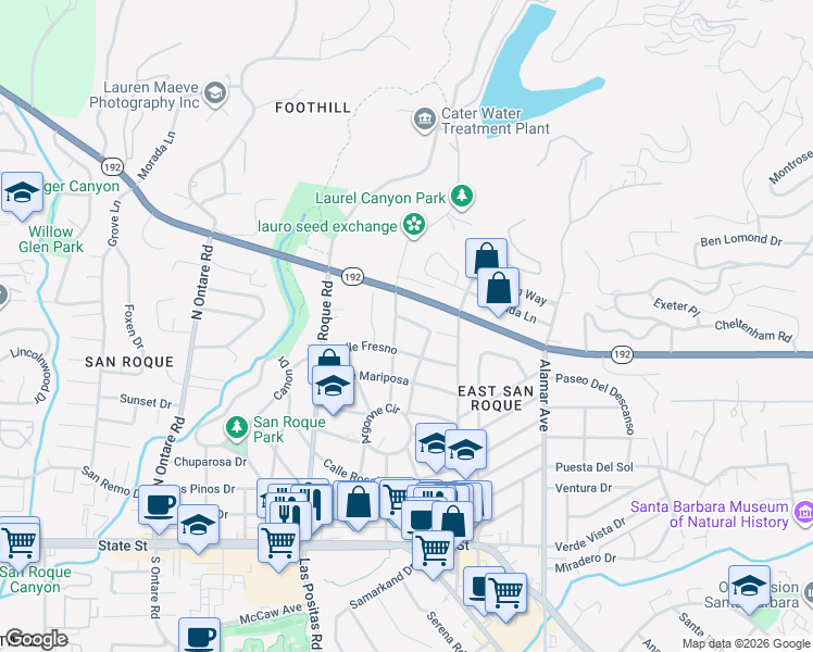 map of restaurants, bars, coffee shops, grocery stores, and more near 3121 Calle Madera in Santa Barbara