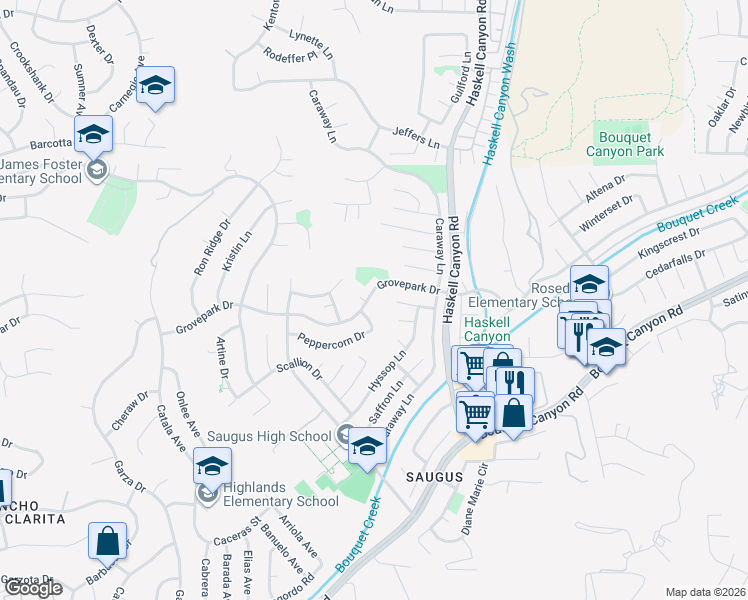 map of restaurants, bars, coffee shops, grocery stores, and more near 21742 Grovepark Drive in Santa Clarita