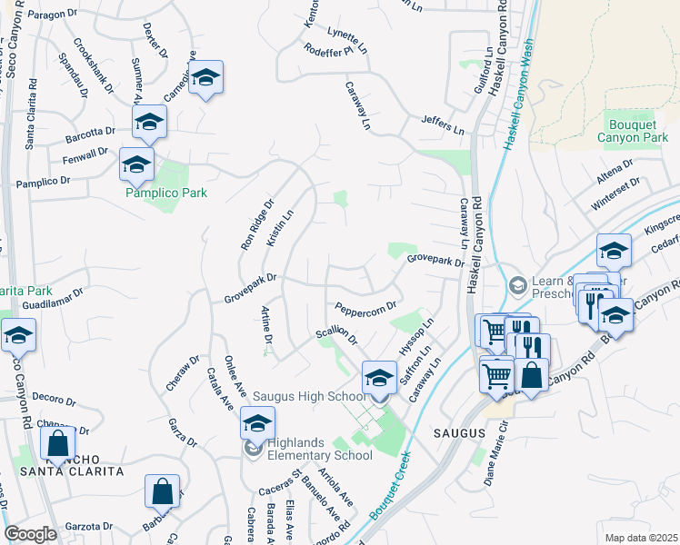 map of restaurants, bars, coffee shops, grocery stores, and more near 21962 Marjoram Court in Santa Clarita