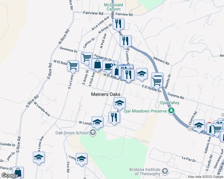map of restaurants, bars, coffee shops, grocery stores, and more near 162 South Padre Juan Avenue in Ojai