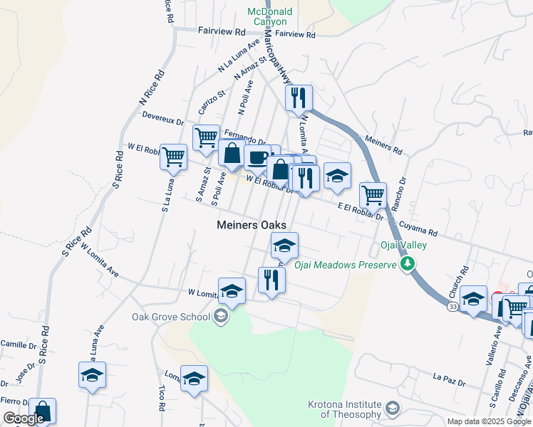 map of restaurants, bars, coffee shops, grocery stores, and more near 162 South Padre Juan Avenue in Ojai