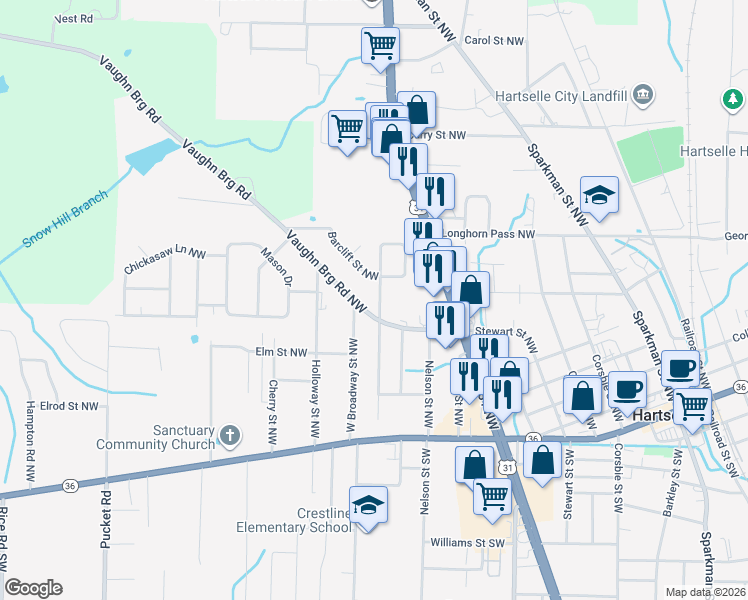 map of restaurants, bars, coffee shops, grocery stores, and more near 615 Washington Street Northwest in Hartselle