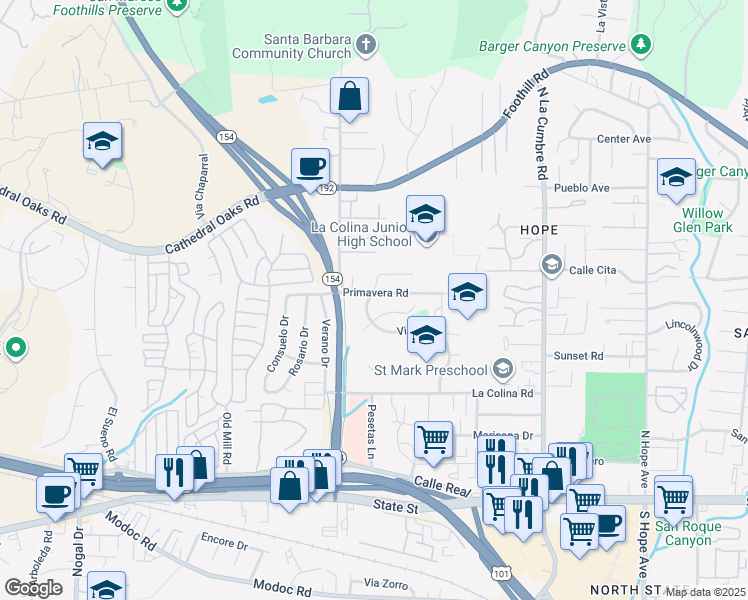 map of restaurants, bars, coffee shops, grocery stores, and more near 4025 Primavera Road in Santa Barbara