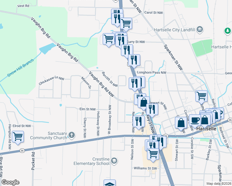 map of restaurants, bars, coffee shops, grocery stores, and more near 615 Washington Street Northwest in Hartselle