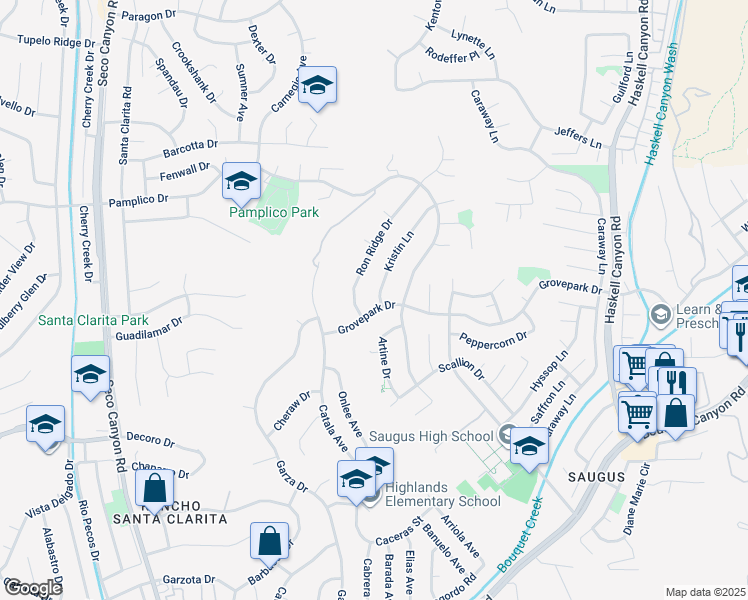 map of restaurants, bars, coffee shops, grocery stores, and more near 27607 Kristin Lane in Santa Clarita