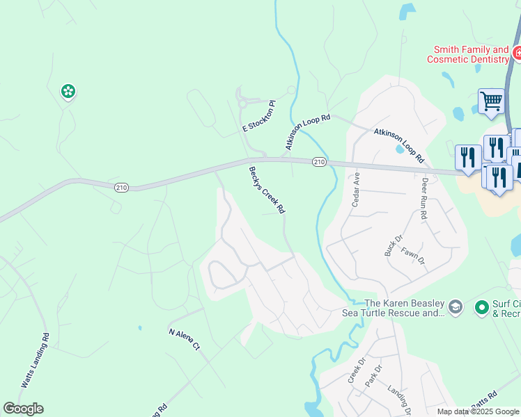 map of restaurants, bars, coffee shops, grocery stores, and more near 214 Beckys Creek Rd in Hampstead