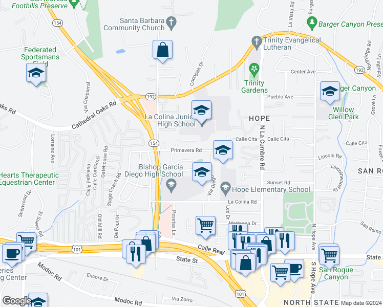 map of restaurants, bars, coffee shops, grocery stores, and more near 4015 Primavera Road in Santa Barbara