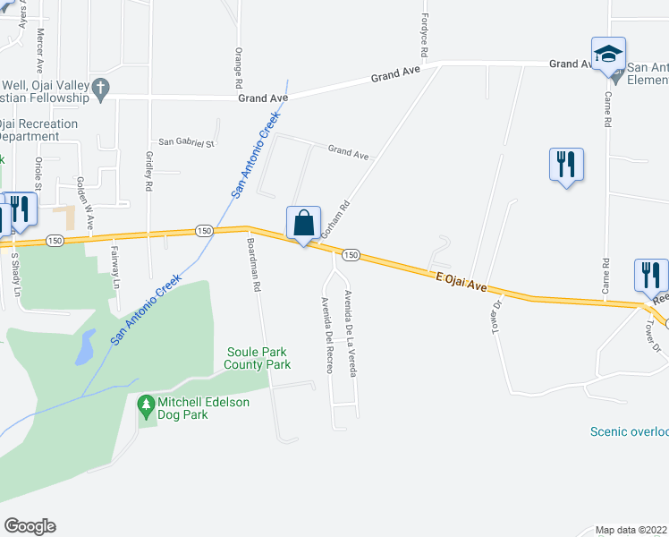 map of restaurants, bars, coffee shops, grocery stores, and more near Avenida De La Vereda & Avenida De La Entrada in Ojai