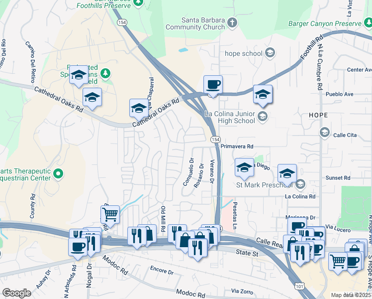 map of restaurants, bars, coffee shops, grocery stores, and more near 340 Old Mill Road in Santa Barbara