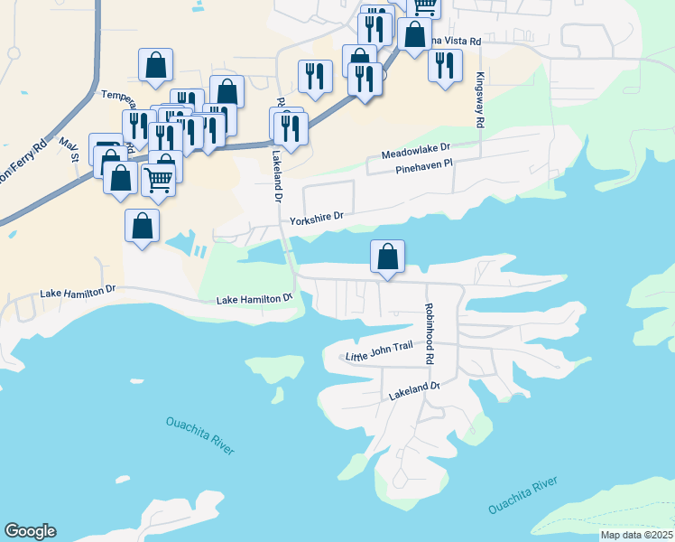 map of restaurants, bars, coffee shops, grocery stores, and more near 349 Lakeland Drive in Garland County