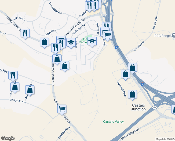 map of restaurants, bars, coffee shops, grocery stores, and more near 29102 Rangewood Road in Castaic