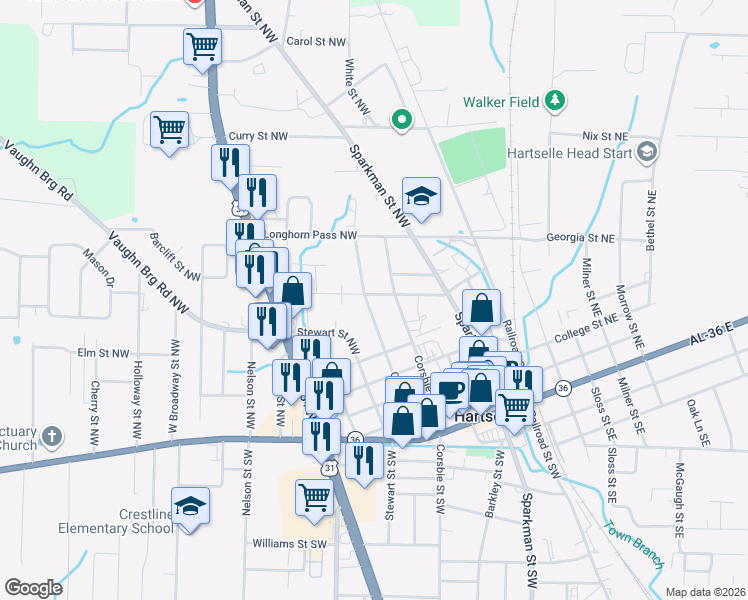map of restaurants, bars, coffee shops, grocery stores, and more near 608 Cedar Street Northwest in Hartselle