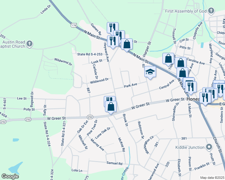 map of restaurants, bars, coffee shops, grocery stores, and more near 201 Heyward Avenue in Honea Path