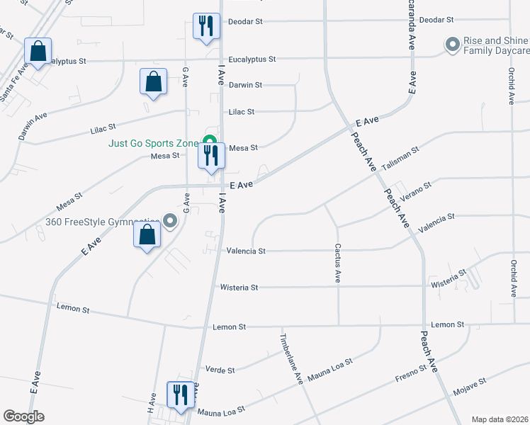 map of restaurants, bars, coffee shops, grocery stores, and more near 17840 Talisman Street in Hesperia