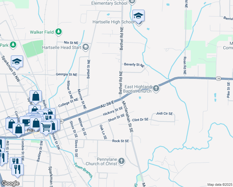 map of restaurants, bars, coffee shops, grocery stores, and more near 105 Bethel Road Northeast in Hartselle