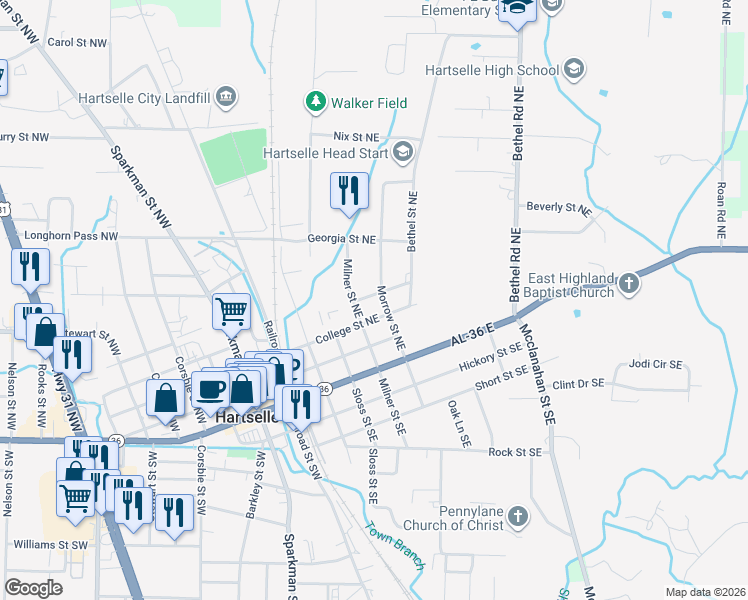 map of restaurants, bars, coffee shops, grocery stores, and more near 305 Morrow Street Northeast in Hartselle