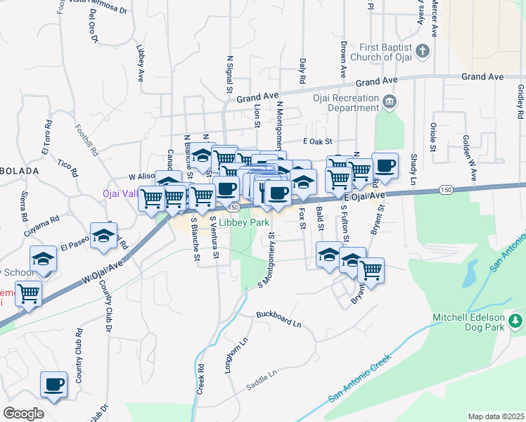 map of restaurants, bars, coffee shops, grocery stores, and more near 325 California 150 in Ojai