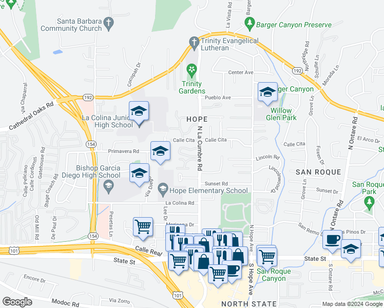 map of restaurants, bars, coffee shops, grocery stores, and more near 521 North La Cumbre Road in Santa Barbara