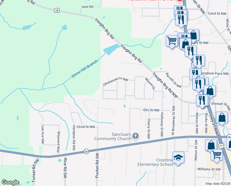 map of restaurants, bars, coffee shops, grocery stores, and more near 1200 Shawnee Drive Northwest in Hartselle