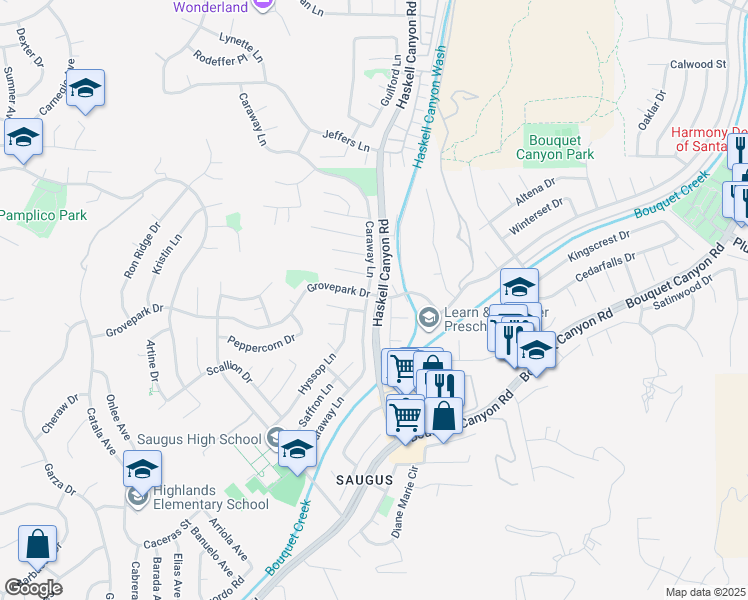 map of restaurants, bars, coffee shops, grocery stores, and more near 27774 Caraway Lane in Santa Clarita