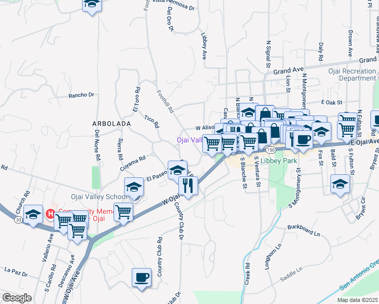map of restaurants, bars, coffee shops, grocery stores, and more near 105 Foothill Road in Ojai
