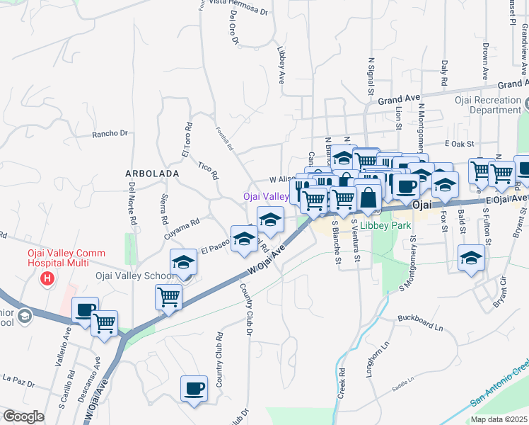 map of restaurants, bars, coffee shops, grocery stores, and more near 105 Foothill Road in Ojai