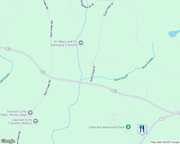 map of restaurants, bars, coffee shops, grocery stores, and more near 62 Gold Dust Drive in Dawsonville