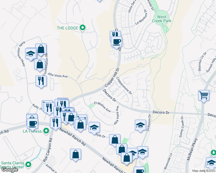 map of restaurants, bars, coffee shops, grocery stores, and more near 24614 Montevista Circle in Santa Clarita