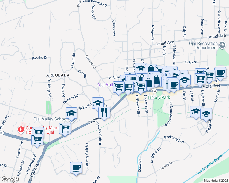 map of restaurants, bars, coffee shops, grocery stores, and more near 410 El Paseo Road in Ojai