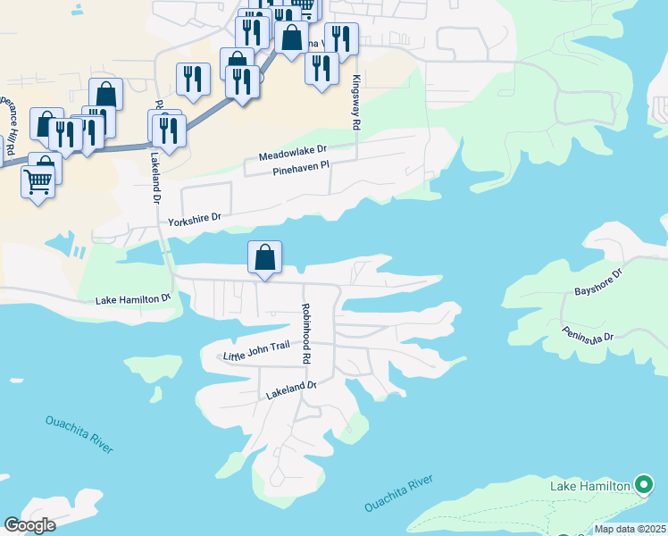 map of restaurants, bars, coffee shops, grocery stores, and more near 451 Lakeland Drive in Hot Springs