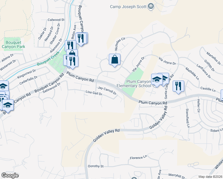 map of restaurants, bars, coffee shops, grocery stores, and more near 20403 Jay Carroll Drive in Santa Clarita