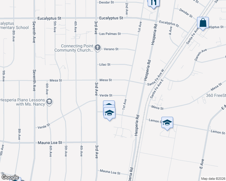 map of restaurants, bars, coffee shops, grocery stores, and more near 16604 Verde Street in Hesperia