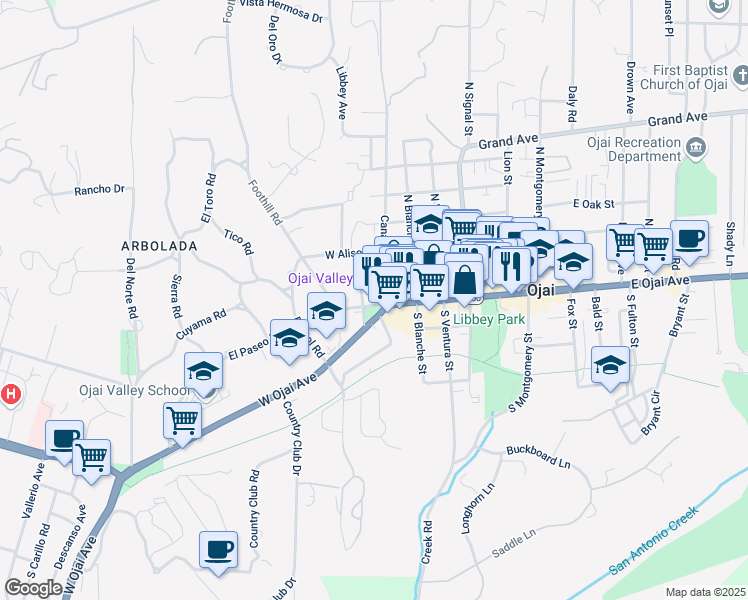 map of restaurants, bars, coffee shops, grocery stores, and more near 308 El Paseo Road in Ojai
