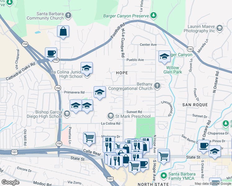 map of restaurants, bars, coffee shops, grocery stores, and more near 533 North La Cumbre Road in Santa Barbara