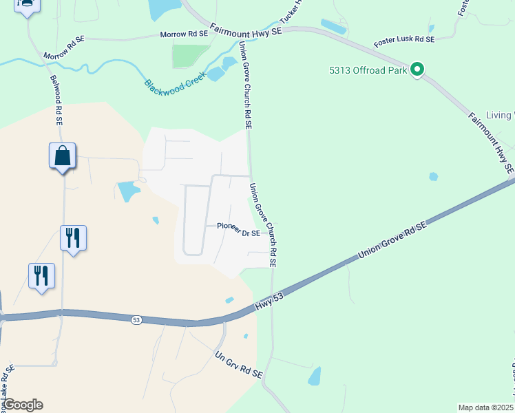 map of restaurants, bars, coffee shops, grocery stores, and more near Union Grove Church Road Southeast in Gordon County