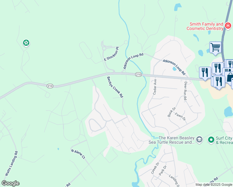 map of restaurants, bars, coffee shops, grocery stores, and more near 214 Beckys Creek Rd in Hampstead
