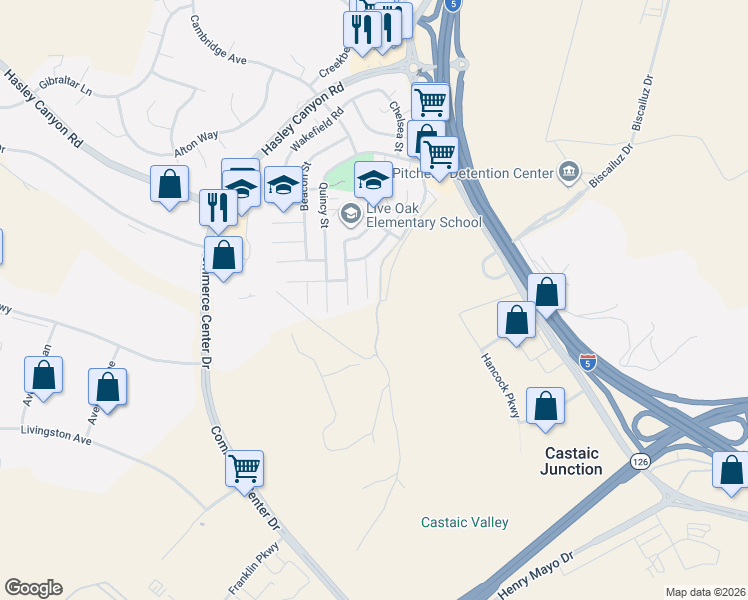 map of restaurants, bars, coffee shops, grocery stores, and more near 29102 Diablo Place in Castaic