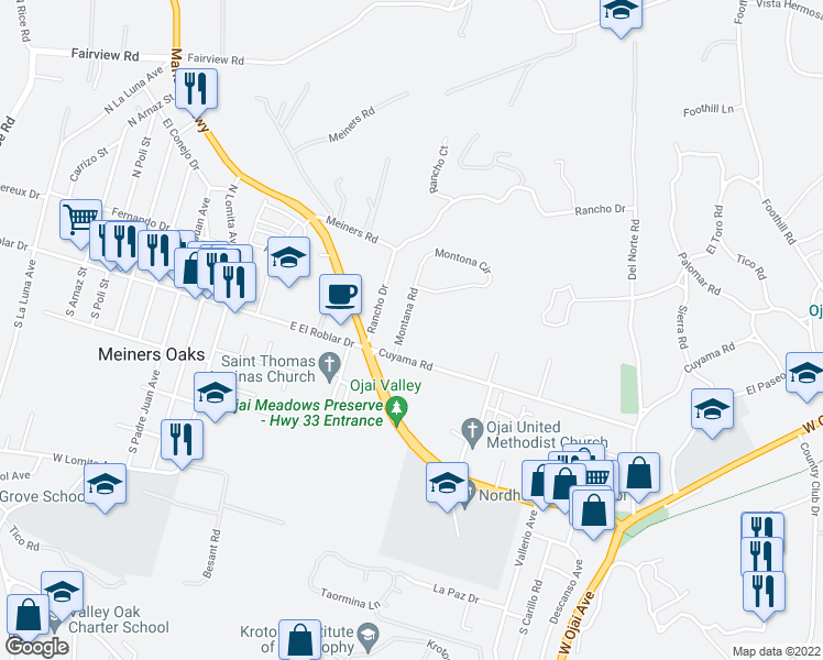 map of restaurants, bars, coffee shops, grocery stores, and more near 338 Montana Road in Ojai