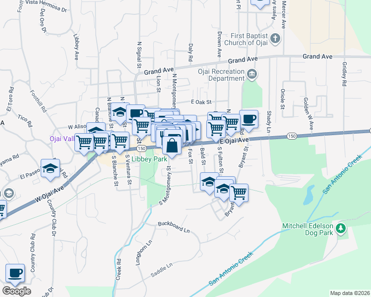 map of restaurants, bars, coffee shops, grocery stores, and more near in Ojai