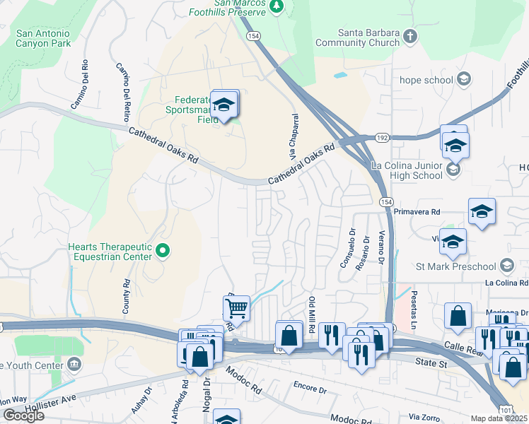 map of restaurants, bars, coffee shops, grocery stores, and more near 333 Old Mill Road in Santa Barbara