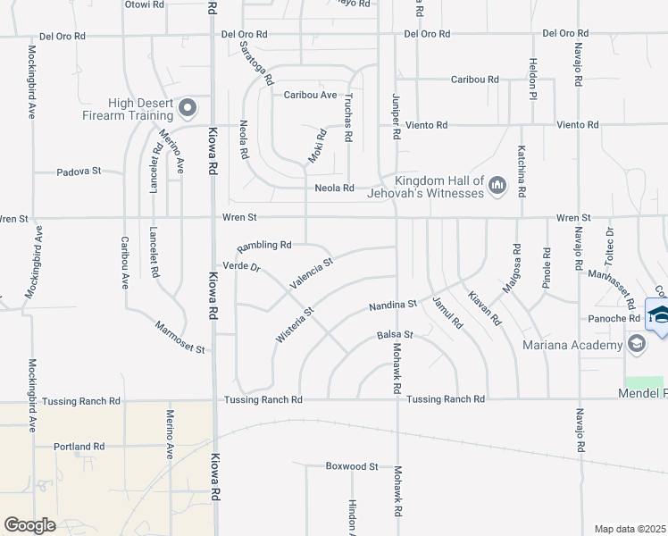 map of restaurants, bars, coffee shops, grocery stores, and more near 21165 Valencia Street in Apple Valley
