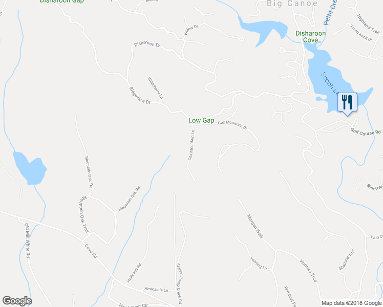 map of restaurants, bars, coffee shops, grocery stores, and more near Cox Mountain Lane in Pickens County